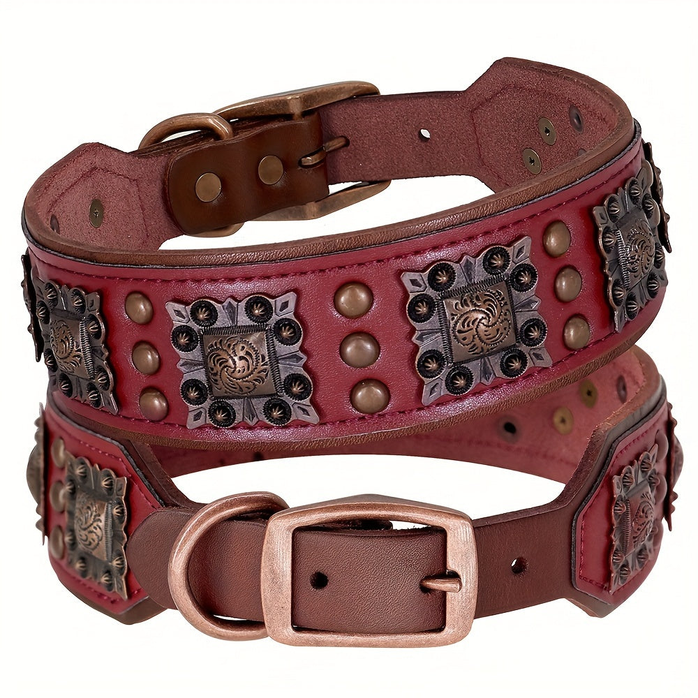 Heavy Duty Studded Leather Dog Collar for Medium and Large Dogs - Durable Real Leather with Metal Studs, Adjustable L XL XXL, 8 Colors, Strong Dog Collar for Large Breed Training Walking