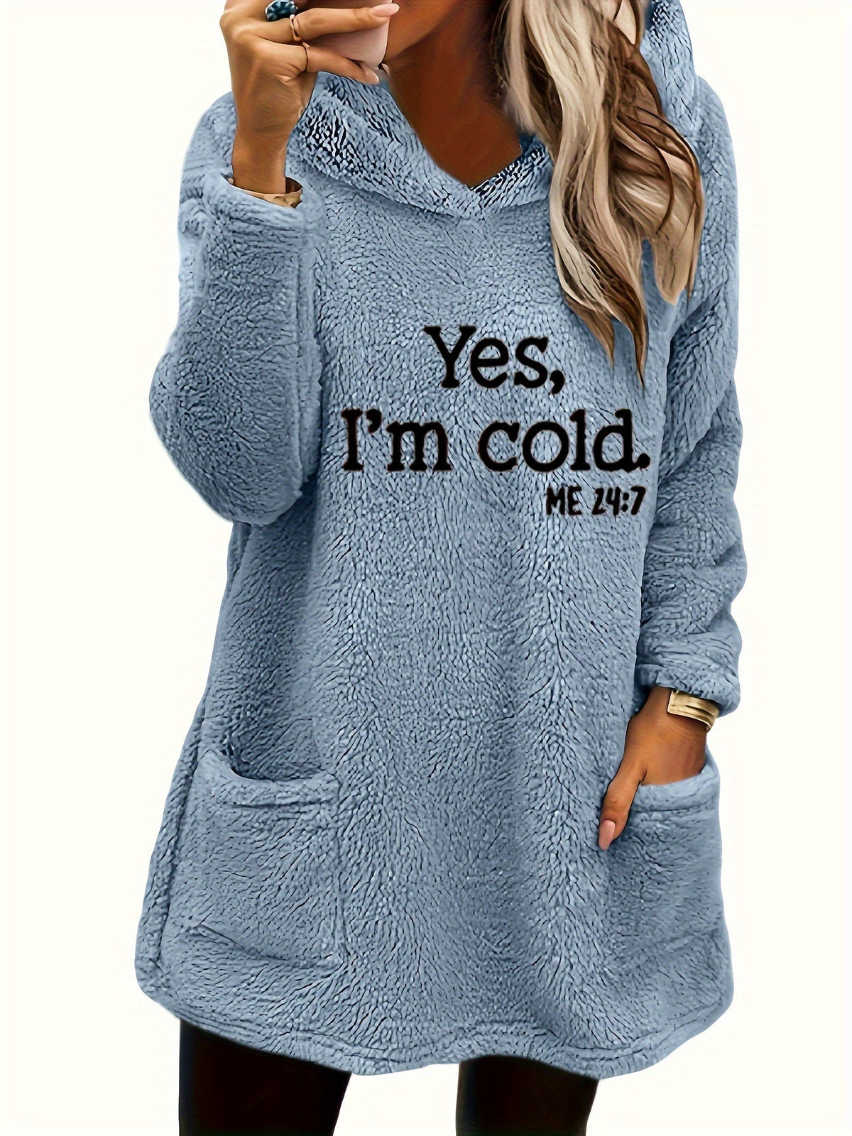 Women's "Yes I'm Cold" Teddy Bear Graphic Hooded Sweatshirt – Cozy Fleece-Lined Pullover Hoodie Double Pocket Long Sleeve 100% Polyester Fall Winter Casual Top
