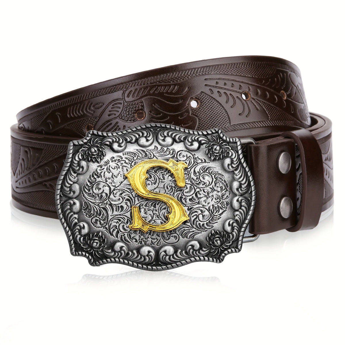 Western Cowboy Belt for Men & Women Embossed Floral Faux Leather – Longhorn Bull Pattern Big Buckle Zinc Alloy, Sizes 34-44, Stylish Durable Country Western Dress Belt Gift for Christmas Father's Day