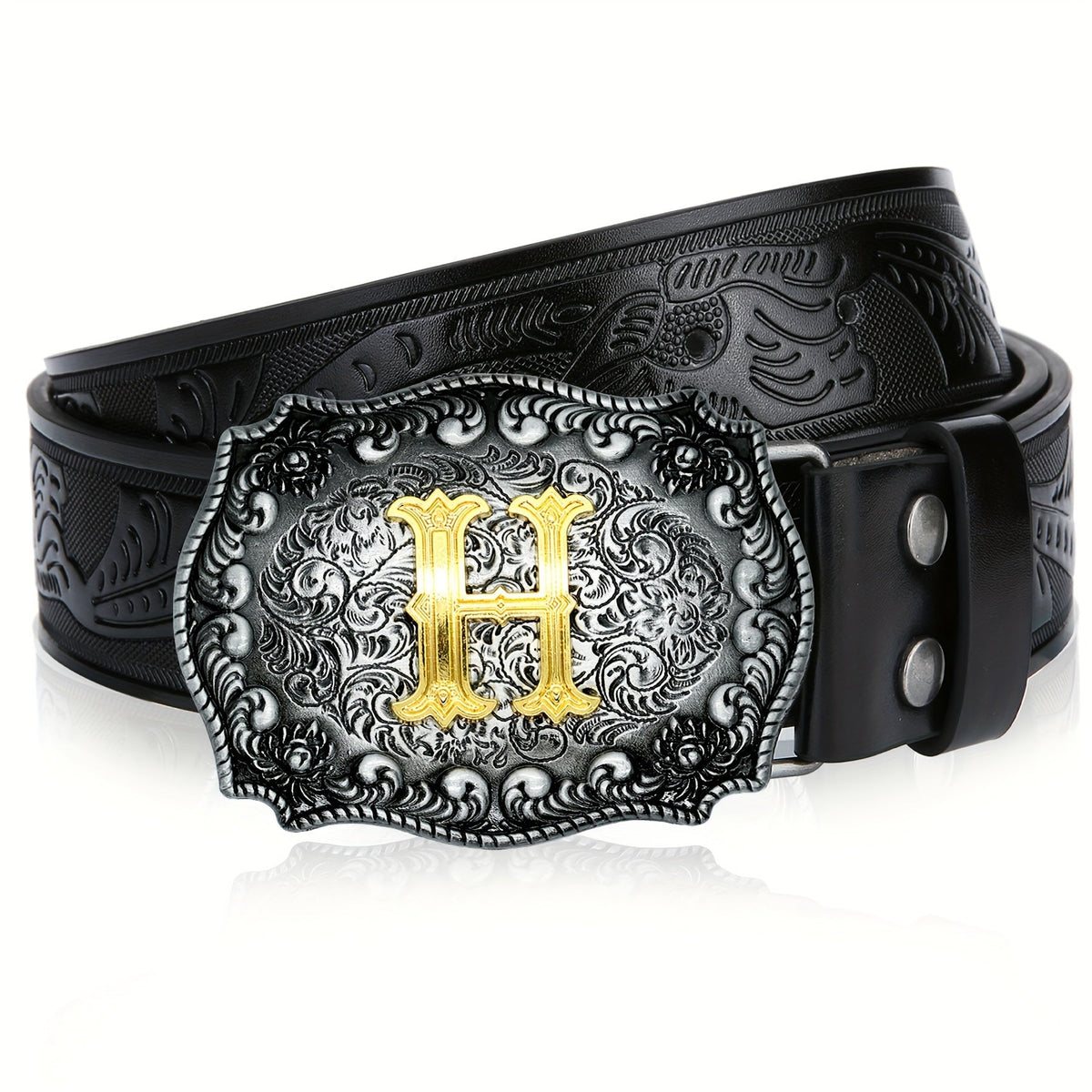 Western Cowboy Belt for Men & Women Embossed Floral Faux Leather – Longhorn Bull Pattern Big Buckle Zinc Alloy, Sizes 34-44, Stylish Durable Country Western Dress Belt Gift for Christmas Father's Day