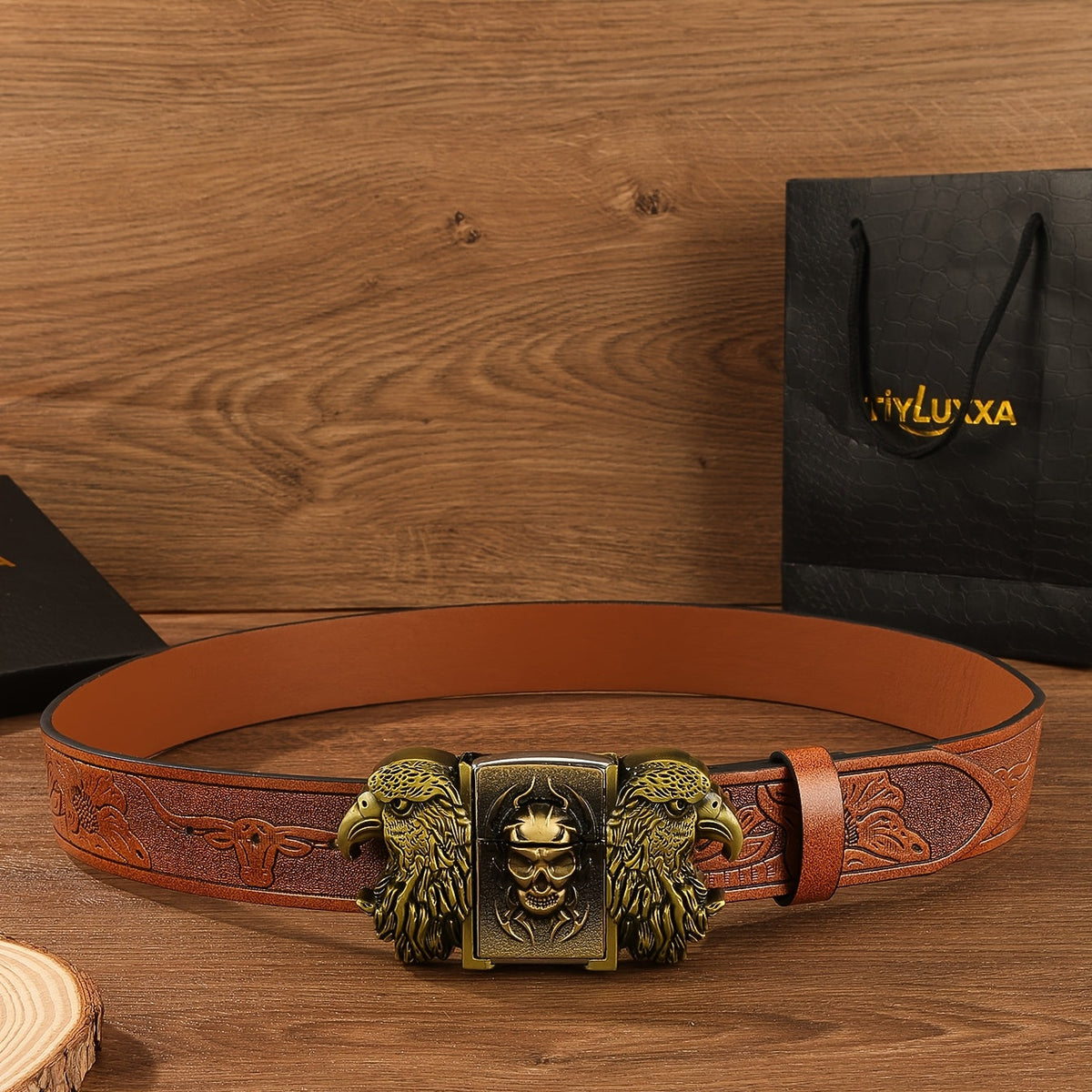 Retro Western Cowboy Belt with Detachable Lighter – Embossed Printed Novelty Accessory Belt in Skull, Eagle, Cross & Native American Designs, Unique Gift for Men for Christmas, Thanksgiving & Valentine's Day