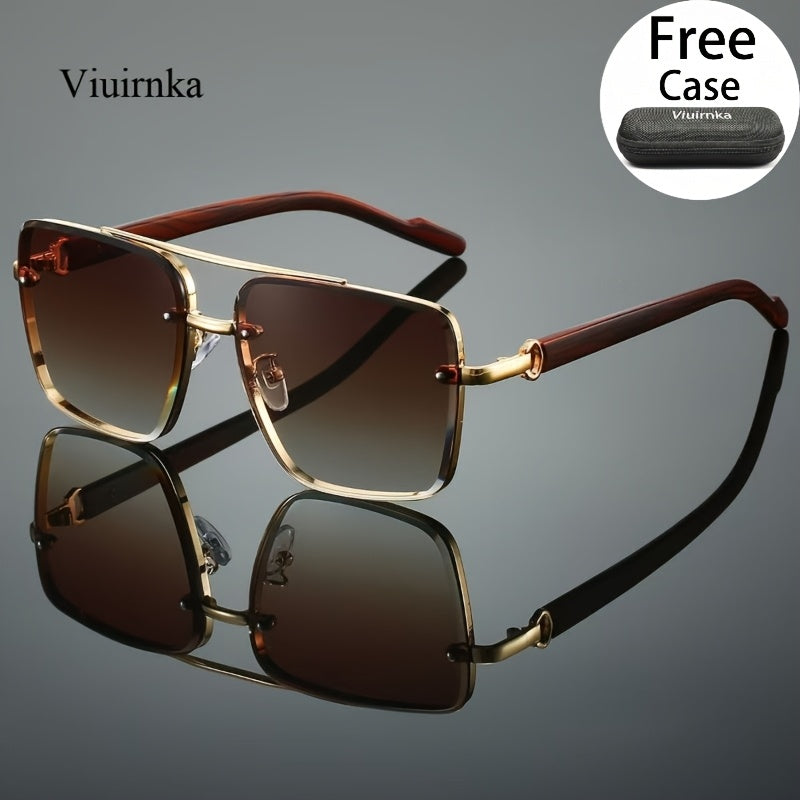 UV400 Square Sunglasses with Case for Men Women – Double Bridge Retro Wood Grain Frame, Polarized-Style Unisex Shades for Driving, Travel, Beach & Street Style, 7 Colors